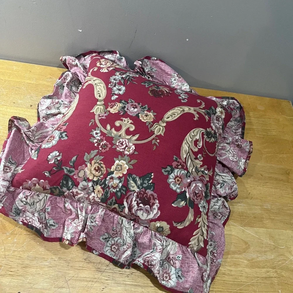 Vtg Ralph Lauren Danielle Marseille Burgundy Floral Ruffled Throw Pillow 20x20